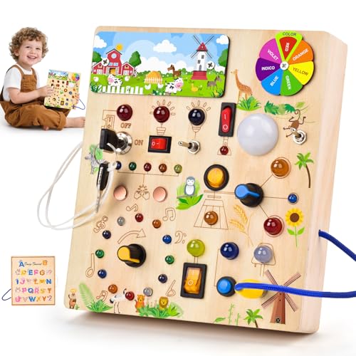 Fwiull Busy Board Jouet Montessori 1 an,Jouet Enfant en Bois à Partir de 2 Ans,Planche Busy Board Montessori pour Les 1 2 3 Ans,Activity Board avec 29 LED Jouets Sensoriel Parcours Motricité bébé