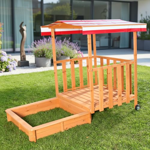 Mucola Sandkasten rollbar Sandbox mit Abdeckung und Sonnenschutz aus Holz für Kinder, 182 x 100 x 140, mit Veranda und Geländer - Rot