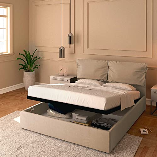 Baldiflex Doppelbett mit Aufbewahrungsbox, Modell Licia Soft aus Stoff, Lattenrost für Einzelbetten 180 x 200 cm, fein gepolstertes Kopfteil, Farbe Taupe