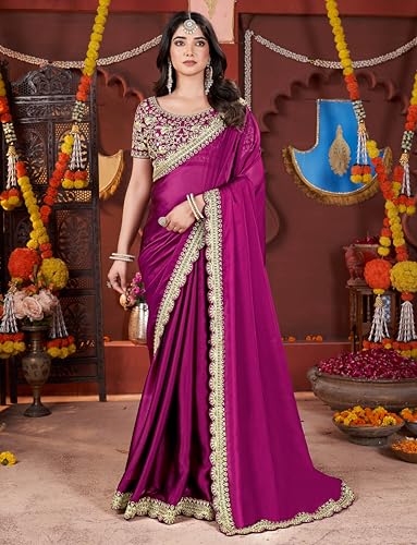 Image of DHARMEE Women's Elegant Designer Sarees Premium Rangoli Fabric with Embellished Border, Lightweight and Stylish Ethnic Wear - Perfect for Parties, Weddings, and Festive Occasions..