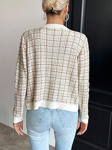 Image of WDIRARA Women's Plaid Button Front Cardigan Round Neck Long Sleeve Knit Cardigan Sweater