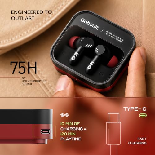 Image of GOBOULT Tenet Pro with ANC TWS Earbuds, 75H Playtime, Amp App Support, 32dB ANC, Quad Mic ENC, Dual Device Pairing, 13mm Driver Ear Buds, Bluetooth 6.0 Wireless Earbuds (Crimson Red)
