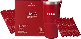 IM8 Daily Ultimate Essentials All-in-One Multivitamin Supplement, 92 Nutrient Rich Ingredients CoQ10, Probiotics, Vitamins, Greens, GF, Acai Mixed Berry (30 Servings, Travel Packs - Tumbler Included)