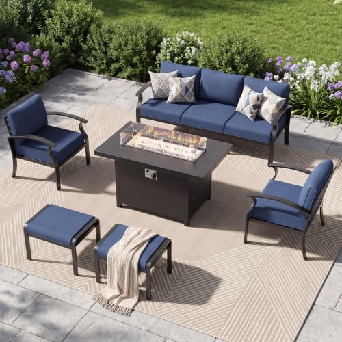 Image of Aluminum Patio Furniture Set with Fire Pit Table, 7 Seats Outdoor Patio Conversation Sets with Ottomans, Modern Metal Patio Sectional Sofa with Upgrade Cushions for Patio, Backyard, Deck - Blue