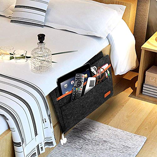 SIMBOOM Organisateur de Chevet, Poche de Rangement pour Lit Sac à Accrocher en Tissu pour télécommande, Tablette, Câble de Recharg, Magazine, Lunettes, Stylo - Gris foncé