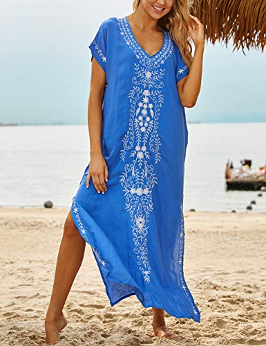 Busbseach Caftan Dresses for Women Embroidery Short Sleeve Beach Cover Up V Neck Maxi Kaftan Dress2
