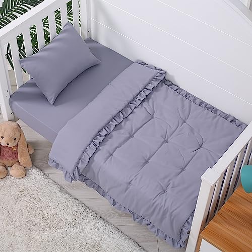 Image of JISEN 3 Piece Crib Bedding Set Soft Baby Crib Bedding Set Ruffle Crib Comforter Set - Crib Quilt Crib Sheet Pillowcase Nursery Bedding Sets for Baby Boys or Girls Grey