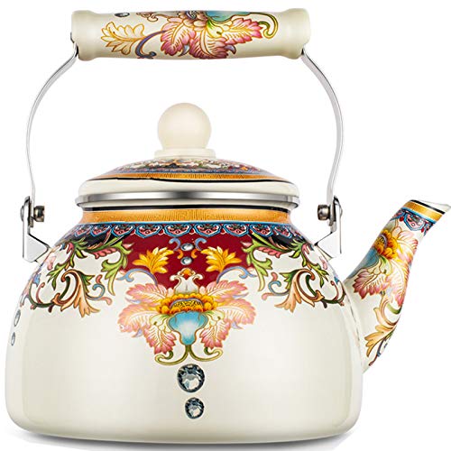 Tea Kettle Enamel Teapot Floral Large Porcelain Enameled Teakettle Colorful Hot Water Tea Kettle pot for Stovetop Small Retro Design for All Stovetop for Your Home Dorm Condo or Apartment