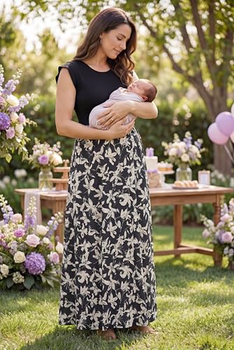 Image of OUGES Women's Maternity Dress Summer Ruffle Sleeve Patchwork Casual Flowy Maxi Dresses with Pockets