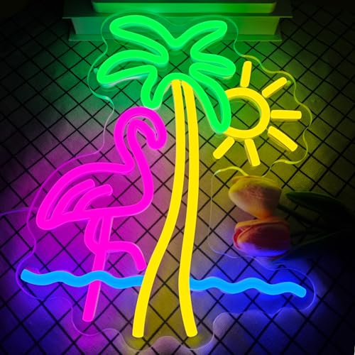 Image of Flamingo Sun Palm Tree Neon Sign for Wall Decor Flamingo Led Neon Lights Sun Wave Neon Signs Dimmable for for Bedroom Living Room Man Cave Bar Club