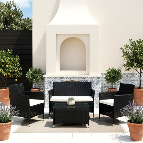 Image of OUTLIVING Outdoor 4 Seater Sofa Set || Patio Furniture Sets || Balcony Sofa || Indoor Sofa || Wicker Rattan Garden Sofa Set with Cushion and Center Table (Black)