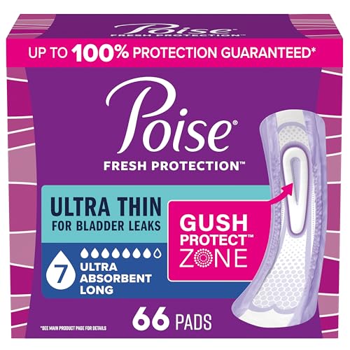 Image of Poise Ultra Thin Incontinence & Postpartum Pads for Bladder Leaks, 7 Drop Ultra Absorbency, Long Length, 66 Count (3 Packs of 22), Packaging May Vary