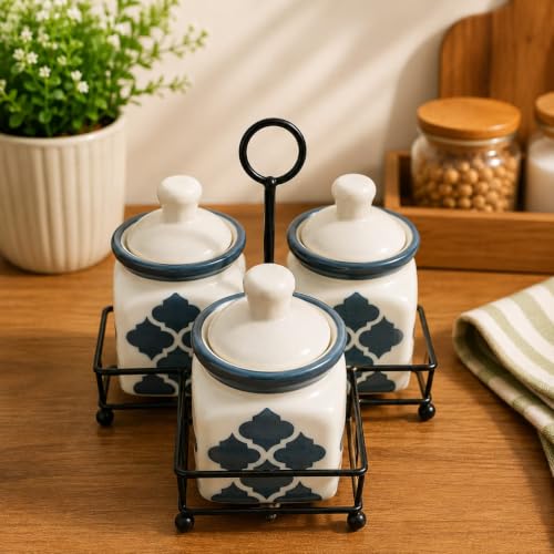 Image of Niyara Multipurpose Storage Ceramic Pickle set Jars with Lid & tray (Set of 4, 300 ml) (grey print pickle set of 3)