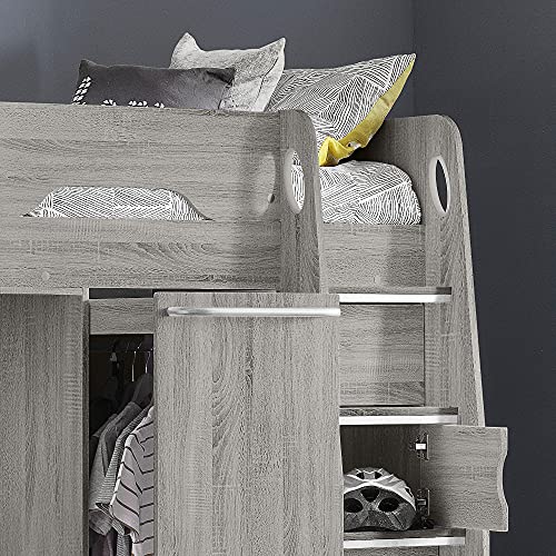 happybeds High Sleeper Storage Bed, Pegasus Wood Modern Desk Wardrobe Drawers Cupboards Loft Bunk (3FT - Spring Mattress, Grey Oak)