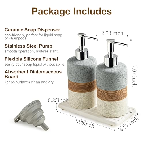 Image of Ceramic Soap Dispenser Set of 2, Hand and Dish Soap Dispenser Set | Shower Shampoo Soap Dispenser for Bathroom, Kitchen | Stainless Steel Pump, Silicone Funnel and Diatomaceous Tray, 12 oz Gray