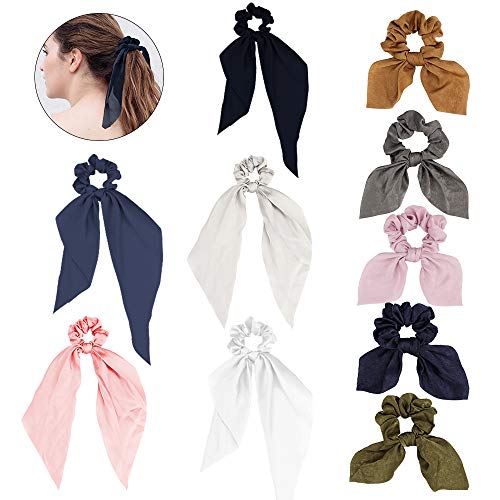Amcami Bow Scarf Hair Scrunchies for Women,10 Pack Ribbon Bow Scrunchies with Solid Colors Bunny Ear Scrunchies, Soft Scarf Hair Ties Bowknot Ponytail Holder for Girls 10 Solid Colors