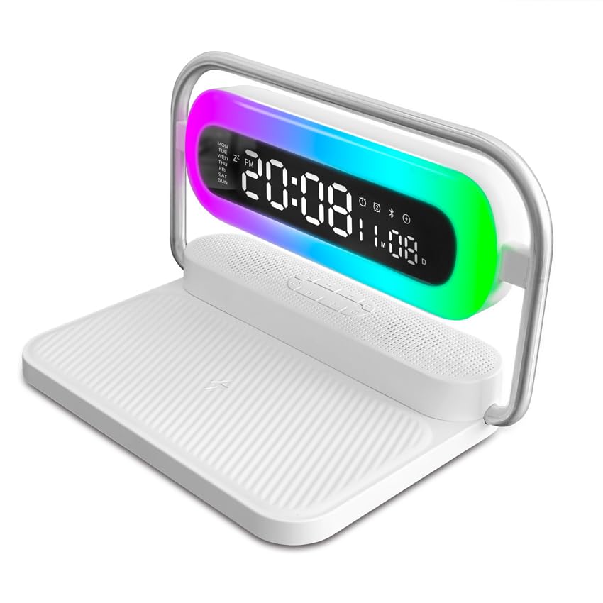 OTXKOO 4-in-1 Multifunction Mobile Wireless Charger with Colorful Night Lights, Bluetooth Speaker, Digital Clock Alarm ; M11