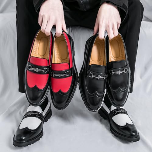 Men's Leather Brogue Slip-On Platform Loafer Shoes with Buckle Decor Fashion Pointed Toe Low Top Non-Slip Lug Sole Dress Shoes for Daily Casual Business Work Office2