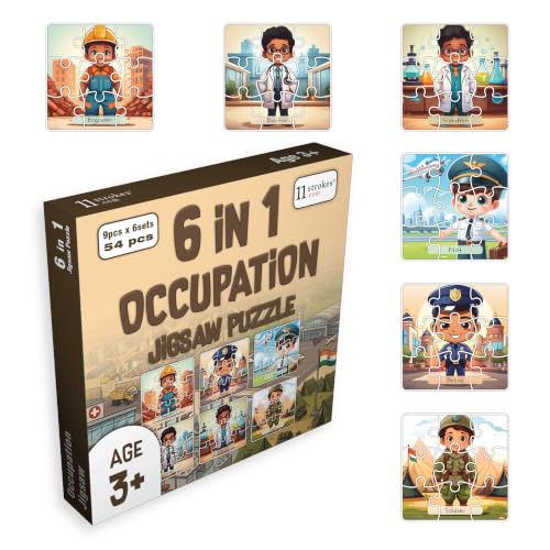 Image of 11 Strokes 6 in 1 Occupation Jigsaw Puzzle for Kids Age 3+ | 54 Pieces | Doctor Farmer Pilot Teacher Police Chef | Premium MDF | Career Learning Toy