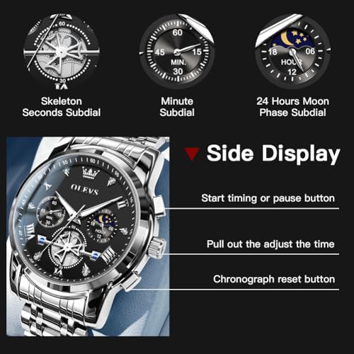 OLEVS Mens Chronograph Watch Gold Silver Stainless Steel Chain Quartz Wrist Watches Business Dress Waterproof Luminous Date Watch
