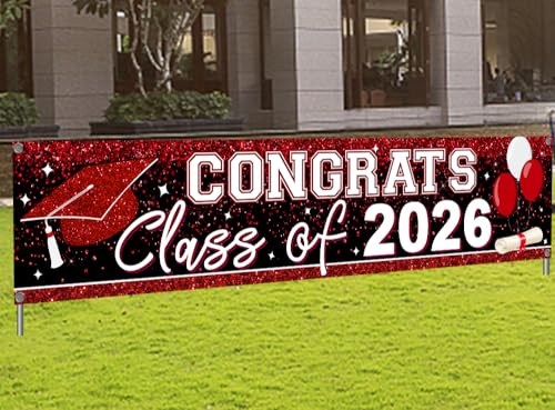 Image of Large Congrats Class of 2026 Banner Red Backdrop Graduation 2026 Yard Sign for Graduation Party Supplies Graduation Decorations 2026(Red)