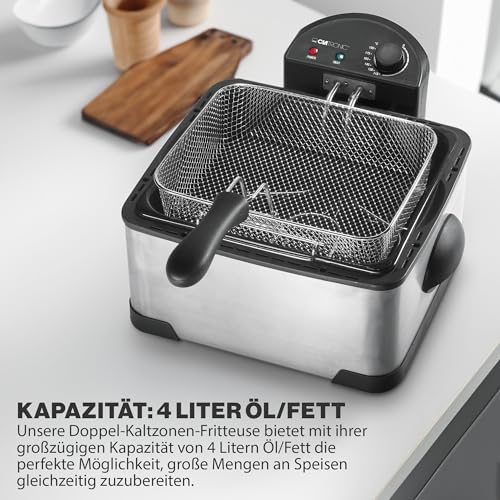 Clatronic® Doppel-Fritteuse | 2 Frittierkörbe & 1 großer Frittierkorb | Kapazität für 4L Öl/Fett |Stufenlos regelbarer Thermostat bis 190° C | 2 Kontrollleuchten | Spritzschutzdeckel | 2000W | FR 3195 – Bild 3