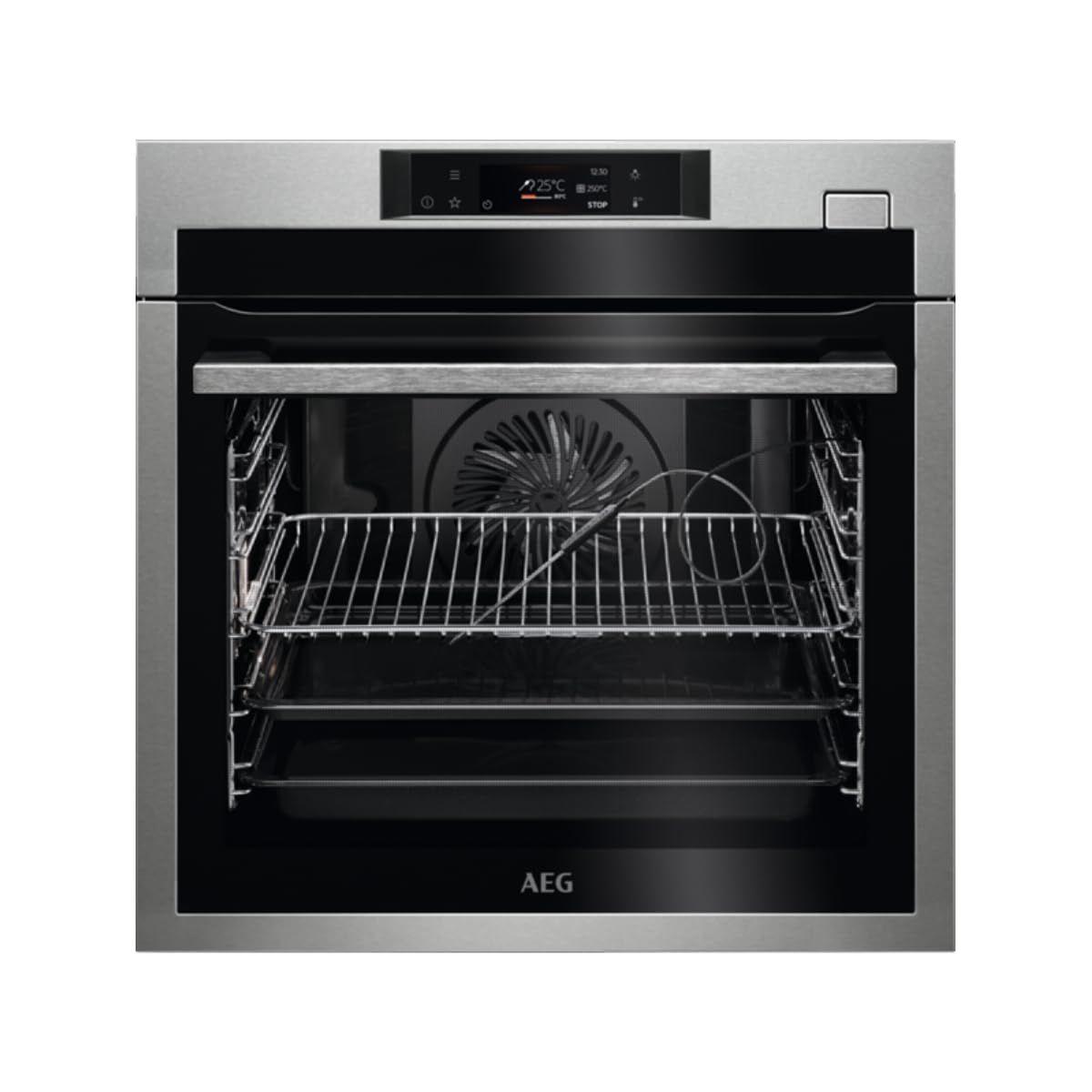 AEG BSE782380M Horno Multifunción con Limpieza Pirolítico, 20 Funciones, Sonda Térmica, Pantalla Táctil TFT Color, 225 Recetas, Cierre Suave, Antihuella, INOX, A, 70 litros