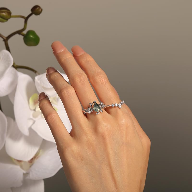 Damen Ring Set Moosachat Bandring Drachenschnitt Zirkonia Vorsteckring mit Weinblatt Fingerring Sterling Silber Stapelring Schmuckring mit Stein Silberring für Frauen