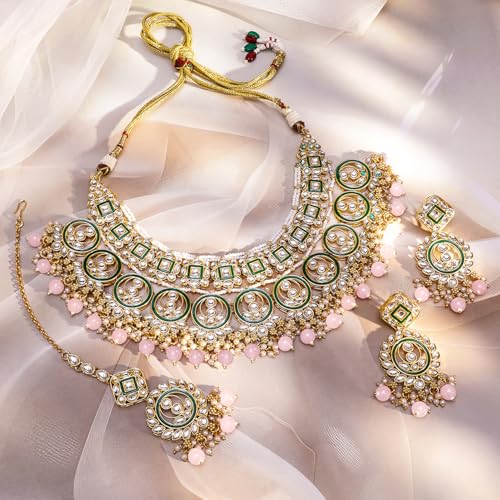 Image of Rubans Necklace Maangtikka Set Gold Plated Kundan & Pearl Jewellery Gift for Women & Girls