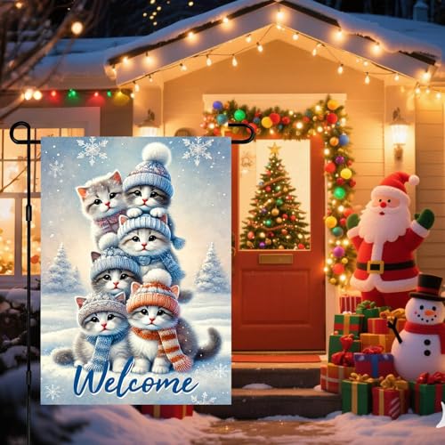 Image of BlissYard Garden Flag Kitten Snowy Landscape Winter 12x18 Inch Polyester