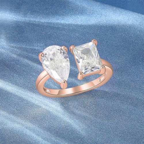 MDFUN 18K Adjustable Eternity Toi Et Moi Ring for Women Radiant-Cut and Pear-Shaped Cubic Zirconia Stones Fake Wedding Ring Statement Eternity Promise Engagement Wedding Rings3