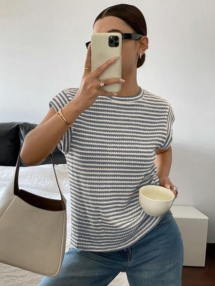 Image of Jawdrobe Women's Striped Western Top Round Neck Cap Sleeve T-Shirt for Women
