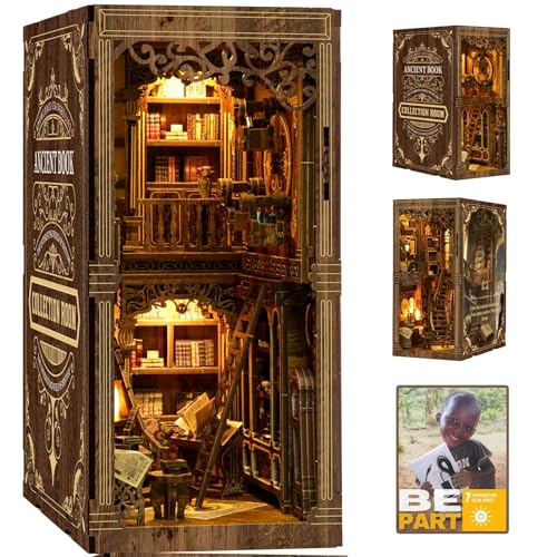 Villageboom Book Nook Bausatz mit LED-Lichtern – DIY Miniatur- Bibliothek Alte Bücher – 3D Holzbausatz für Bücherregal Deko – Geschenkidee für Erwachsene & Teenager (Bibliothek Alte Bücher)