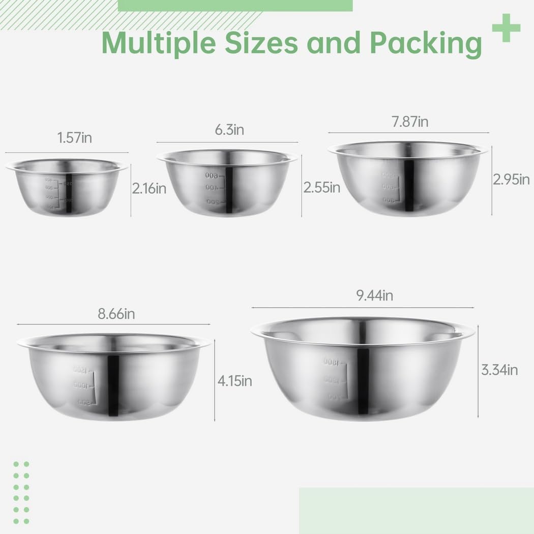 Nesting Bowls in Different Sizes for Space Saving Storage, 5Pcs Stainless Steel Mixing Bowls, Great for Outdoor Picnic, Bottom Mixing Bowl Set, Home Cooking, Baking, Prepping