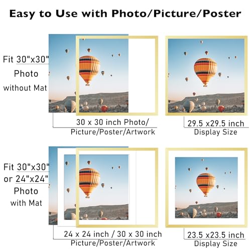 Image of JCJMY 30x30 Picture Frame Gold with 24x24 Mat, Display Photo 24x24 with Mat or 30 x 30 Without Mat, Wall Hanging Large 30x30 Poster Frame with Shatter Resistant Plexiglass, Gold
