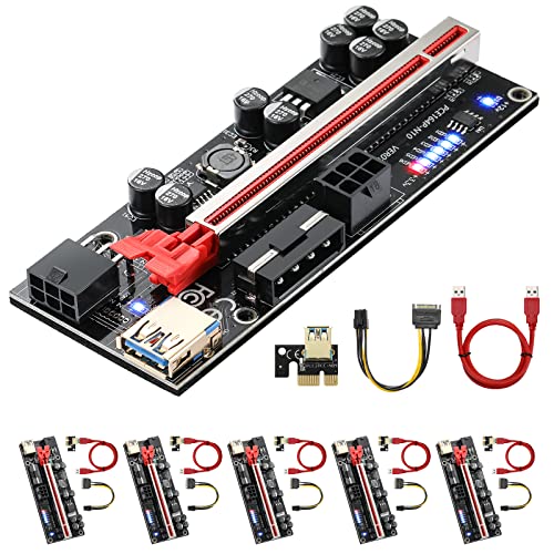 Carte minière GPU GPU PCI-E 1X TO16X PCIE, 8 condensateurs, Carte de Conduite PCI à Haute Puissance (Dual-6Pin / Molex) Statut de LED (VER010S-6Pack)