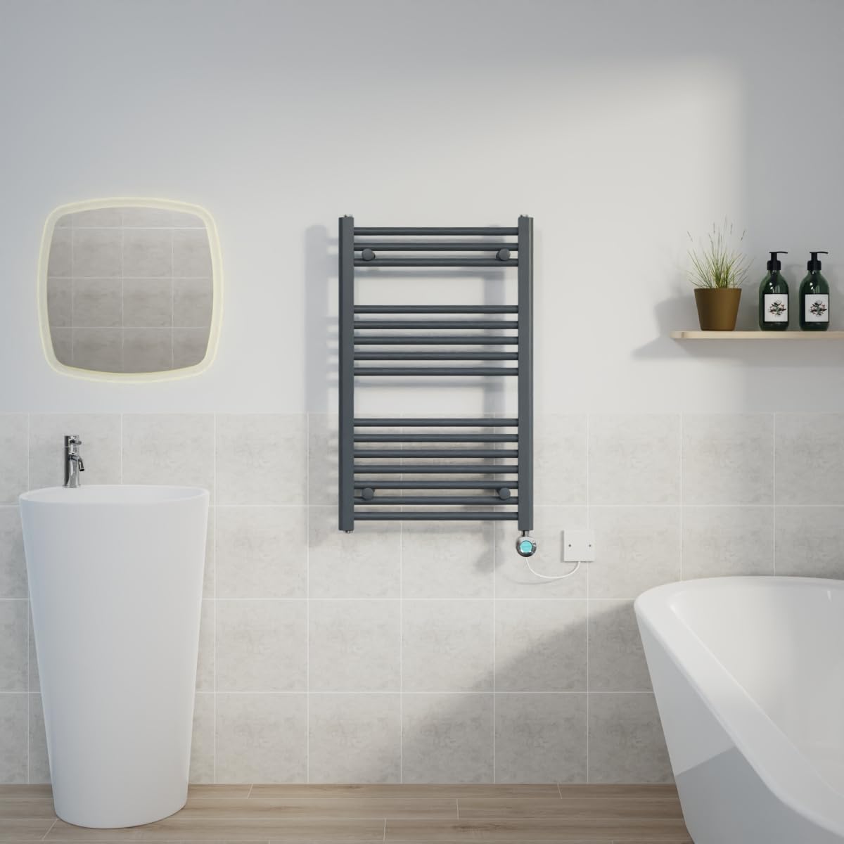 Warmehaus Prefilled 800x500mm Straight Electric Heated Towel Rail with Timer Thermostatic Bathroom Radiator Anthracite - 400W(Chrome Heating Element) — image 1