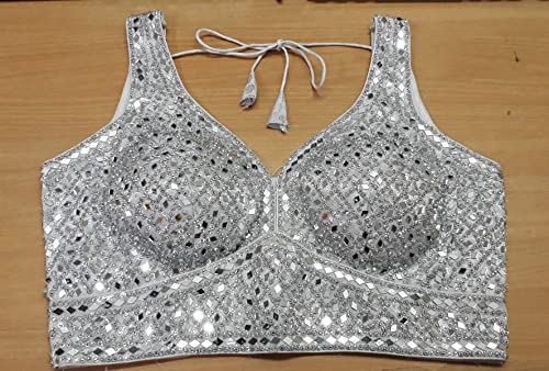 Hare Krishna Indian Store Silver Mirror Work Cut Sleeve Heavy Sari Blouse Saree Lehenga Designer Bridal Wedding Skirt Choli, Crop Top Fully Stitched Padded - Thumbnail 2