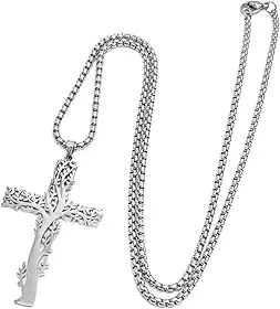 Colar Masculino Crucifixo "Vida Eterna" com Árvore da Vida em Aço Cirúrgico 316L – Fé, Proteção Espiritual e Estilo – Cor Prata – Acompanha Bolsa de Veludo