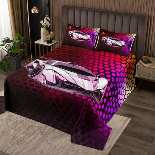 jejeloiu Kids Purple Race car Bedspread Twin Size, Speed Sports Car Coverlet Set Boys Girls Extreme Sports Quilted Coverlet Teens Bedroom Decor 2Pcs