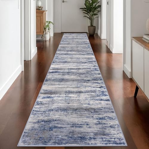 KOZYFLY Modern Abstract Washable Rug Runner 2.6x14 Hallway Rug Runner Non-Slip Soft Kitchen Runner Rugs, Distressed Grey-Blue Striped Carpet for Entryway Bathroom Laundry Room Foyer