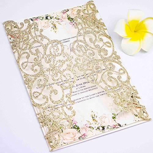 50pcs 5x7 Wedding Invitations Cards Laser Cut Pocket only, No Envelope,No Insert for Wedding Bridal Shower Engagement Birthday Invite (Champagne Gold Glitter)