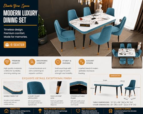 Image of WOODEN SPACE 6-Seater Wooden Dining Table Set | Nano Composite Marble Top | Solid Wood Base | Modern Dining Room Furniture with 6 Chairs (Sky Blue Vento)
