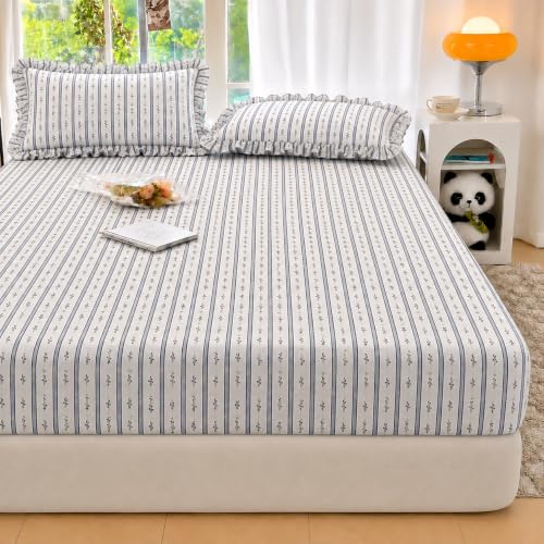 Image of VOMZER King Size (60x78) 300 TC Soft Cotton Feel Microfiber All Around Elastic Fitted Double Queen Bedsheet with 2 Frill Pillow Covers | Grey Stripe
