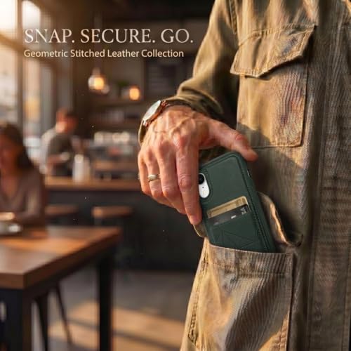 Image of amazon basics Premium Vegan Leather Back Cover with Card Holder and Integrated Mobile Stand for iPhone XR - Slim Shockproof Wallet Case with Geometric Stitching [Green]