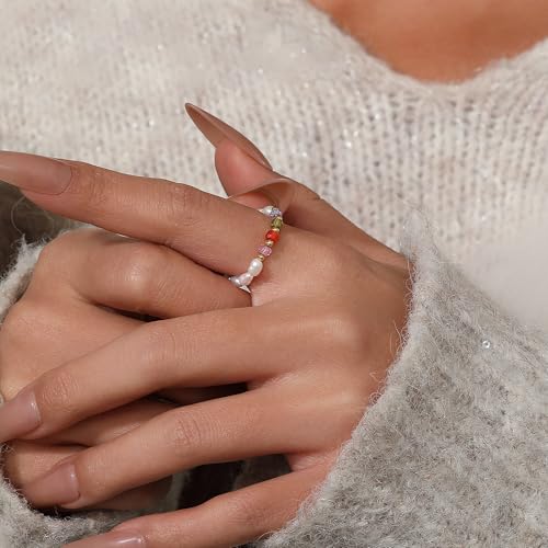 SIXFOX Stretch Natural Freshwater Pearl Elastic Beaded Wrap Stackable Ring Gift4