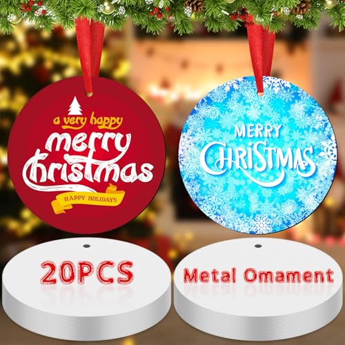 Zhengmy 20 Pcs Metal Sublimation Ornament Blanks Bulk Sublimation Christmas Ornament Blanks Double Sided Round for Christmas Tree Decor DIY Crafts