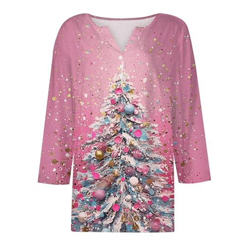 Image of Women Christmas Shirt 3 /4 Length Sleeve Henley Tops Xmas Outfits