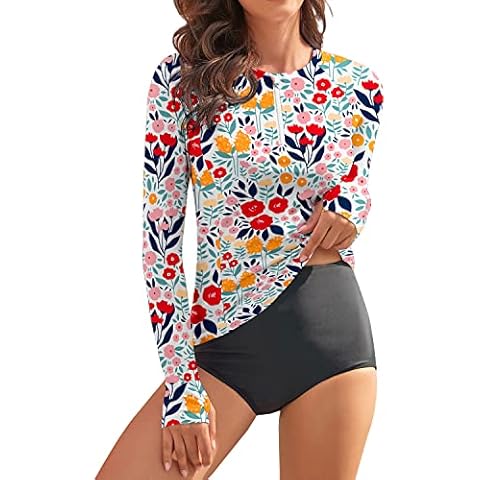 WOWENY Women Rash guard Long Sleeve Swimsuit Top UPF 50 Sun Protection Swim Shirts Half zip Bathing Suit No Bottom(A-Pink Floral, Medium) Cover