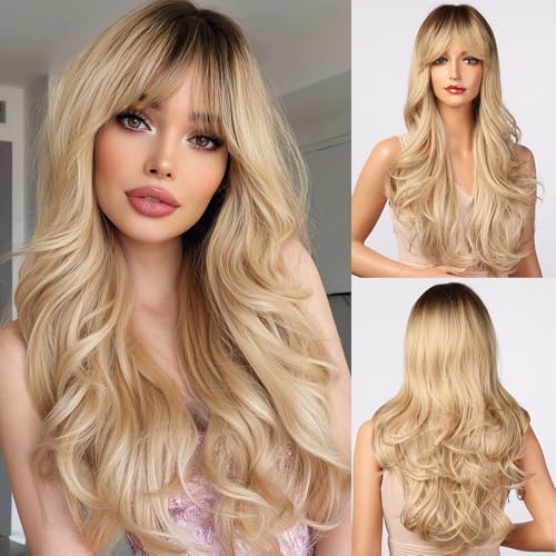 Long Blonde Wig for Women Layered Wavy Wig with Bangs 24 Inch Omb...